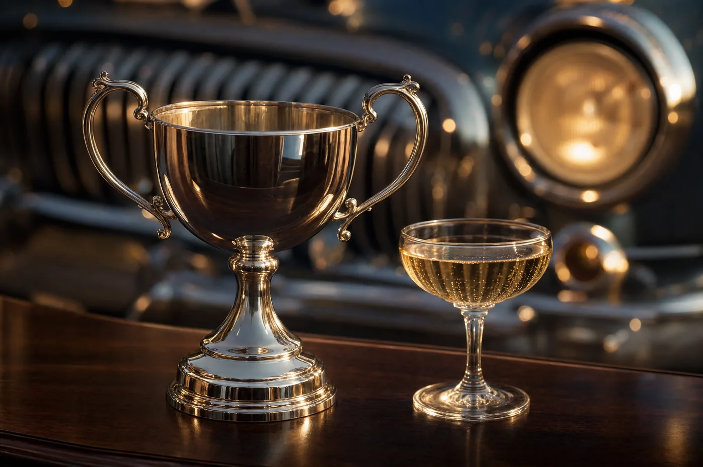 A polished silver trophy cup and a coupe of champagne on a dark wood bar, the chrome grille and headlight of a classic car softly out of focus behind