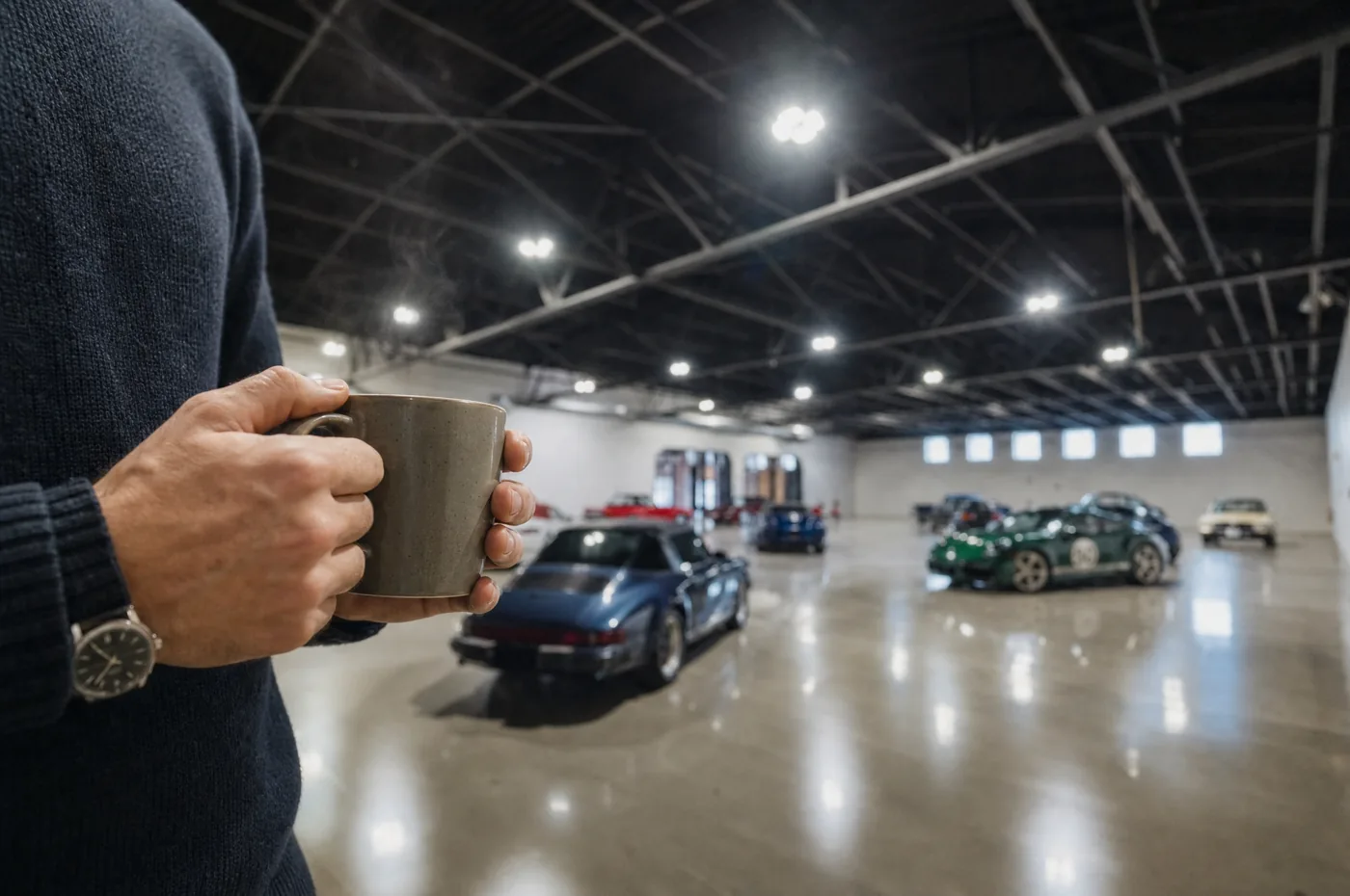 Hands holding a coffee mug in the foreground, the Archive showroom and its cars softly out of focus behind