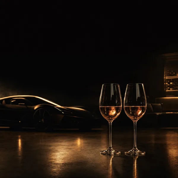 Two glasses of wine in warm light with a car silhouetted in the dark behind