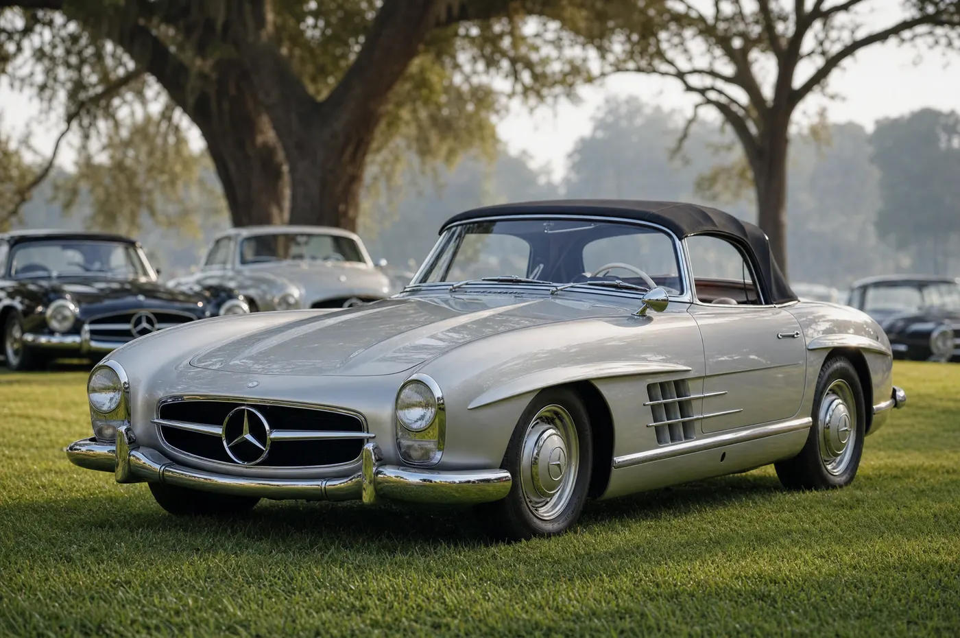 A silver 1960s Mercedes-Benz SL roadster parked on a lawn beneath old trees, other classic Mercedes softly out of focus behind