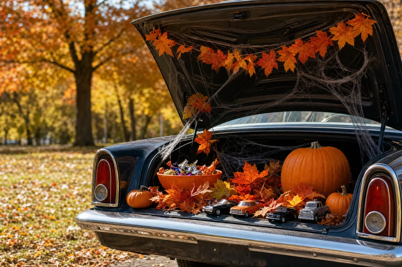 The open trunk of a dark classic car dressed with pumpkins, autumn leaves, a bowl of candy and a few small toy cars, golden trees behind