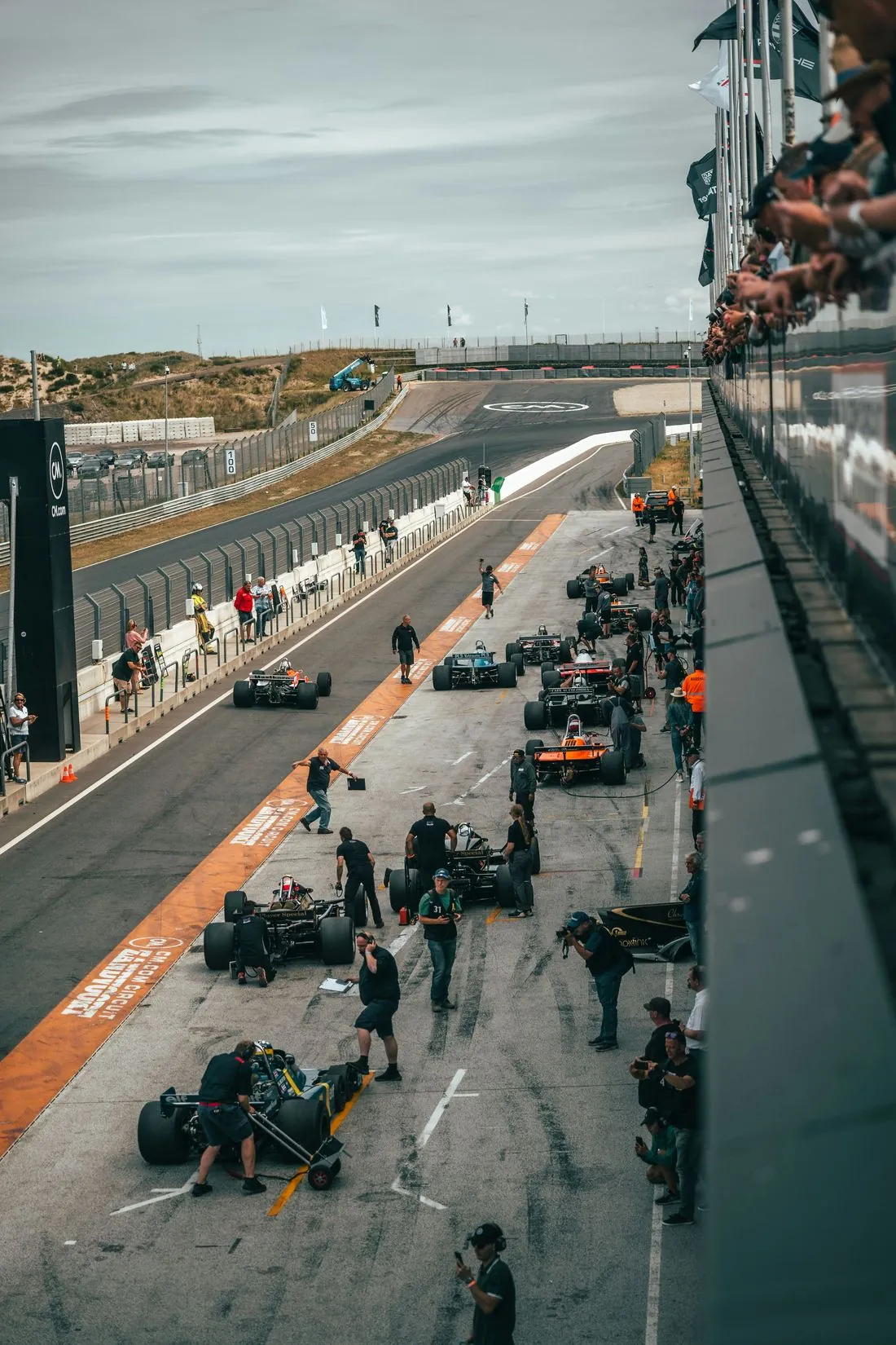 A Formula 1 pit lane on race weekend