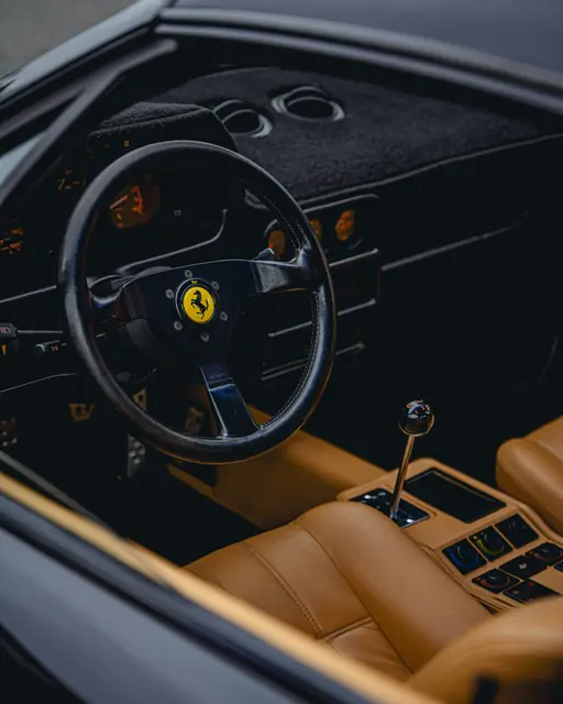 A tan leather sports car interior